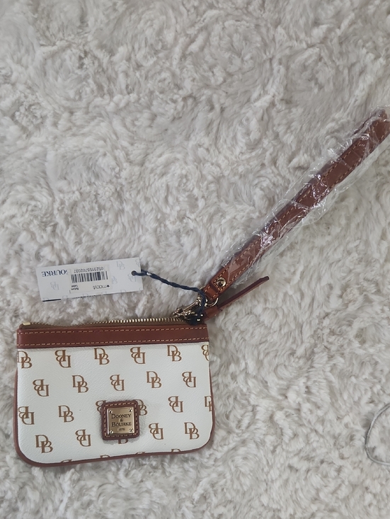 Dooney & Bourke Handbags - Dooney & Bourke Cream and Brown Logo Wristlet with Gold Accent
